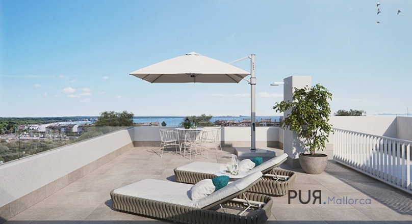 New building - residential complex. Mallorcan style. Sea view from the roof terrace. Harbor.